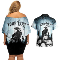 Personalized Funny Halloween F’Caw Raven Couples Matching Off Shoulder Short Dress and Hawaiian Shirt Black Bird Crow With Skulls - Wonder Print Shop