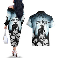Personalized Funny Halloween F’Caw Raven Couples Matching Off The Shoulder Long Sleeve Dress and Hawaiian Shirt Black Bird Crow With Skulls - Wonder Print Shop