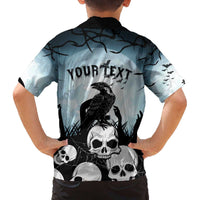 Personalized Funny Halloween F’Caw Raven Family Matching Off The Shoulder Long Sleeve Dress and Hawaiian Shirt Black Bird Crow With Skulls - Wonder Print Shop