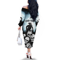 Personalized Funny Halloween F’Caw Raven Family Matching Off The Shoulder Long Sleeve Dress and Hawaiian Shirt Black Bird Crow With Skulls - Wonder Print Shop