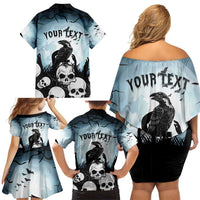 Personalized Funny Halloween F’Caw Raven Family Matching Off Shoulder Short Dress and Hawaiian Shirt Black Bird Crow With Skulls - Wonder Print Shop