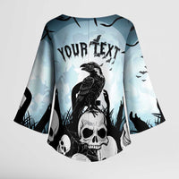 Personalized Funny Halloween F’Caw Raven Kimono Sleeve Blouse Black Bird Crow With Skulls - Wonder Print Shop