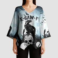 Personalized Funny Halloween F’Caw Raven Kimono Sleeve Blouse Black Bird Crow With Skulls - Wonder Print Shop