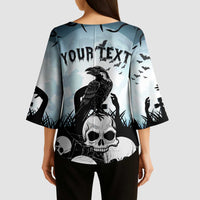 Personalized Funny Halloween F’Caw Raven Kimono Sleeve Blouse Black Bird Crow With Skulls - Wonder Print Shop