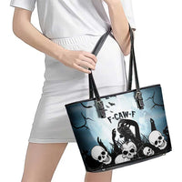Funny Halloween F’Caw Raven Leather Tote Bag Black Bird Crow With Skulls - Wonder Print Shop