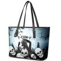 Funny Halloween F’Caw Raven Leather Tote Bag Black Bird Crow With Skulls - Wonder Print Shop