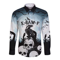 Personalized Funny Halloween F’Caw Raven Long Sleeve Button Shirt Black Bird Crow With Skulls - Wonder Print Shop