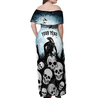 Personalized Funny Halloween F’Caw Raven Off Shoulder Maxi Dress Black Bird Crow With Skulls - Wonder Print Shop