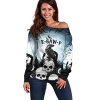 Personalized Funny Halloween F’Caw Raven Off Shoulder Sweater Black Bird Crow With Skulls - Wonder Print Shop