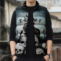 Personalized Funny Halloween F’Caw Raven Sleeveless Puffer Jacket Black Bird Crow With Skulls - Wonder Print Shop