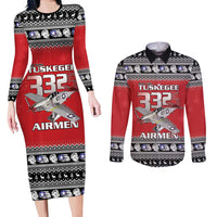 Tuskegee Red Tails Airmen Christmas Couples Matching Long Sleeve Bodycon Dress and Long Sleeve Button Shirt P-51 Mustang 332nd Fighter Group - Wonder Print Shop