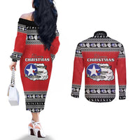 Tuskegee Red Tails Airmen Christmas Couples Matching Off The Shoulder Long Sleeve Dress and Long Sleeve Button Shirt P-51 Mustang 332nd Fighter Group - Wonder Print Shop