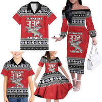 Tuskegee Red Tails Airmen Christmas Family Matching Off The Shoulder Long Sleeve Dress and Hawaiian Shirt P-51 Mustang 332nd Fighter Group - Wonder Print Shop