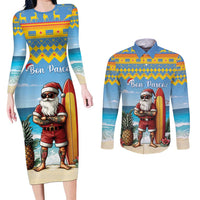 Aruba Christmas Couples Matching Long Sleeve Bodycon Dress and Long Sleeve Button Shirt Surfing Santa Bon Pasco - Wonder Print Shop