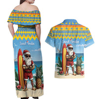 Aruba Christmas Couples Matching Off Shoulder Maxi Dress and Hawaiian Shirt Surfing Santa Bon Pasco - Wonder Print Shop