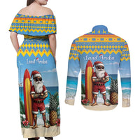 Aruba Christmas Couples Matching Off Shoulder Maxi Dress and Long Sleeve Button Shirt Surfing Santa Bon Pasco - Wonder Print Shop
