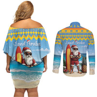 Aruba Christmas Couples Matching Off Shoulder Short Dress and Long Sleeve Button Shirt Surfing Santa Bon Pasco - Wonder Print Shop