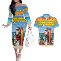 Aruba Christmas Couples Matching Off The Shoulder Long Sleeve Dress and Hawaiian Shirt Surfing Santa Bon Pasco - Wonder Print Shop
