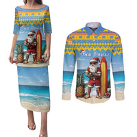 Aruba Christmas Couples Matching Puletasi and Long Sleeve Button Shirt Surfing Santa Bon Pasco - Wonder Print Shop