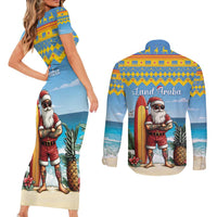 Aruba Christmas Couples Matching Short Sleeve Bodycon Dress and Long Sleeve Button Shirt Surfing Santa Bon Pasco - Wonder Print Shop