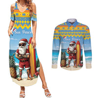 Aruba Christmas Couples Matching Summer Maxi Dress and Long Sleeve Button Shirt Surfing Santa Bon Pasco - Wonder Print Shop