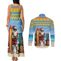 Aruba Christmas Couples Matching Tank Maxi Dress and Long Sleeve Button Shirt Surfing Santa Bon Pasco - Wonder Print Shop