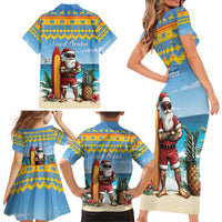 Aruba Christmas Family Matching Short Sleeve Bodycon Dress and Hawaiian Shirt Surfing Santa Bon Pasco - Wonder Print Shop