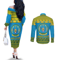 Rwanda Christmas Couples Matching Off The Shoulder Long Sleeve Dress and Long Sleeve Button Shirt Coat Of Arms Noheli Nziza