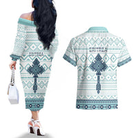 Eritrea Couples Matching Off The Shoulder Long Sleeve Dress and Hawaiian Shirt Eritrean Cross Mix Tilet Pattern - Wonder Print Shop