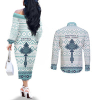 Eritrea Couples Matching Off The Shoulder Long Sleeve Dress and Long Sleeve Button Shirt Eritrean Cross Mix Tilet Pattern