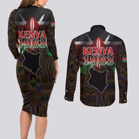Happy Kenya Independence Day Couples Matching Long Sleeve Bodycon Dress and Long Sleeve Button Shirt Coat Of Arms With Kente Pattern - Wonder Print Shop