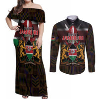 Happy Kenya Independence Day Couples Matching Off Shoulder Maxi Dress and Long Sleeve Button Shirt Coat Of Arms With Kente Pattern - Wonder Print Shop