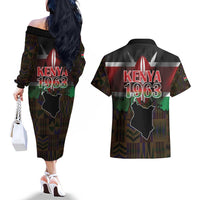 Happy Kenya Independence Day Couples Matching Off The Shoulder Long Sleeve Dress and Hawaiian Shirt Coat Of Arms With Kente Pattern - Wonder Print Shop