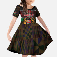 Happy Kenya Independence Day Kid Short Sleeve Dress Coat Of Arms With Kente Pattern - Wonder Print Shop