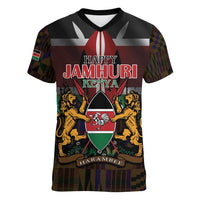 Happy Kenya Independence Day Women V-Neck T-Shirt Coat Of Arms With Kente Pattern - Wonder Print Shop