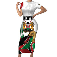 Personalized Kenya Jamhuri Day Short Sleeve Bodycon Dress Lion With Coat Of Arms - Wonder Print Shop