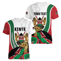 Personalized Kenya Jamhuri Day Women V-Neck T-Shirt Lion With Coat Of Arms - Wonder Print Shop