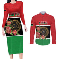 Personalized Libya Independence Day Couples Matching Long Sleeve Bodycon Dress and Long Sleeve Button Shirt Pomegranate Blossom With Libyan Seal - Wonder Print Shop