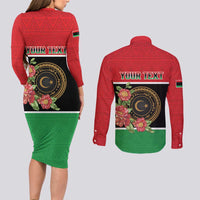Personalized Libya Independence Day Couples Matching Long Sleeve Bodycon Dress and Long Sleeve Button Shirt Pomegranate Blossom With Libyan Seal - Wonder Print Shop