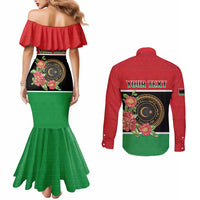 Personalized Libya Independence Day Couples Matching Mermaid Dress and Long Sleeve Button Shirt Pomegranate Blossom With Libyan Seal - Wonder Print Shop