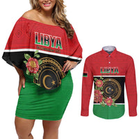 Personalized Libya Independence Day Couples Matching Off Shoulder Short Dress and Long Sleeve Button Shirt Pomegranate Blossom With Libyan Seal - Wonder Print Shop