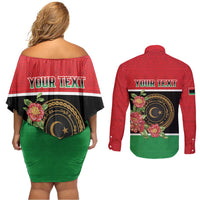Personalized Libya Independence Day Couples Matching Off Shoulder Short Dress and Long Sleeve Button Shirt Pomegranate Blossom With Libyan Seal - Wonder Print Shop