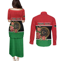 Personalized Libya Independence Day Couples Matching Puletasi and Long Sleeve Button Shirt Pomegranate Blossom With Libyan Seal - Wonder Print Shop