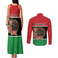 Personalized Libya Independence Day Couples Matching Tank Maxi Dress and Long Sleeve Button Shirt Pomegranate Blossom With Libyan Seal - Wonder Print Shop