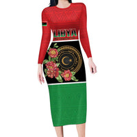 Personalized Libya Independence Day Long Sleeve Bodycon Dress Pomegranate Blossom With Libyan Seal - Wonder Print Shop