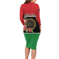 Personalized Libya Independence Day Long Sleeve Bodycon Dress Pomegranate Blossom With Libyan Seal - Wonder Print Shop