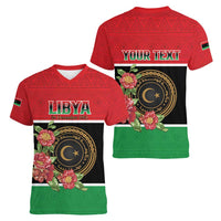 Personalized Libya Independence Day Women V-Neck T-Shirt Pomegranate Blossom With Libyan Seal - Wonder Print Shop