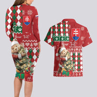 Personalised Slovakia Christmas Couples Matching Long Sleeve Bodycon Dress and Hawaiian Shirt Brown Bear Mix Argyle Pattern - Wonder Print Shop