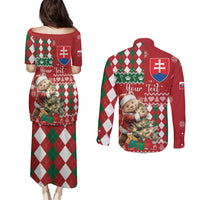 Personalised Slovakia Christmas Couples Matching Puletasi and Long Sleeve Button Shirt Brown Bear Mix Argyle Pattern - Wonder Print Shop