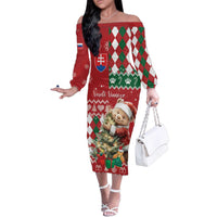 Personalised Slovakia Christmas Family Matching Off The Shoulder Long Sleeve Dress and Hawaiian Shirt Brown Bear Mix Argyle Pattern - Wonder Print Shop